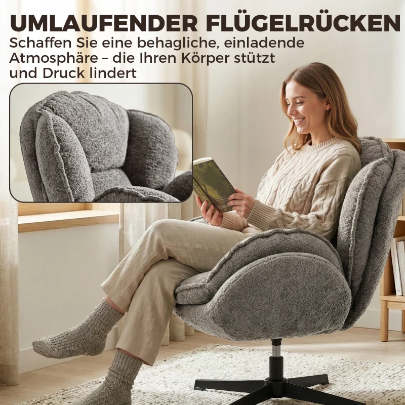 HOMCOM Moderner Wingback-Sessel, Samt-Armlehnsessel mit Vier-Sterne-Basis, S-Federn, 360° Drehfunktion, Grau