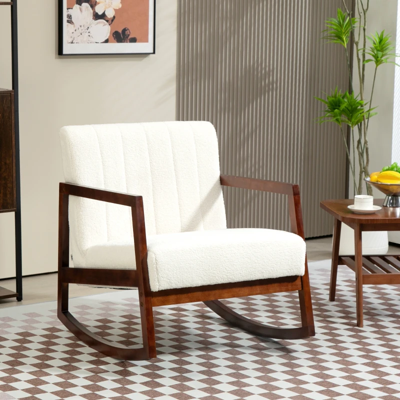 HOMCOM Fauteuil à bascule fauteuil allaitement rocking chair en tissu effet laine bouclée avec pieds en bois massif d'hévéa