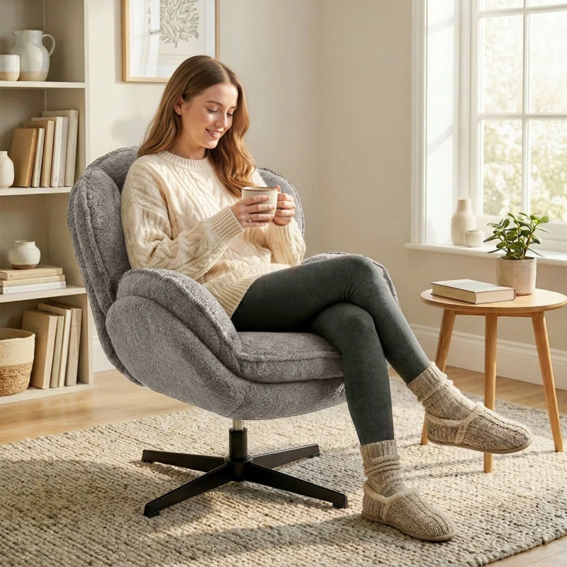 HOMCOM Moderner Wingback-Sessel, Samt-Armlehnsessel mit Vier-Sterne-Basis, S-Federn, 360° Drehfunktion, Grau