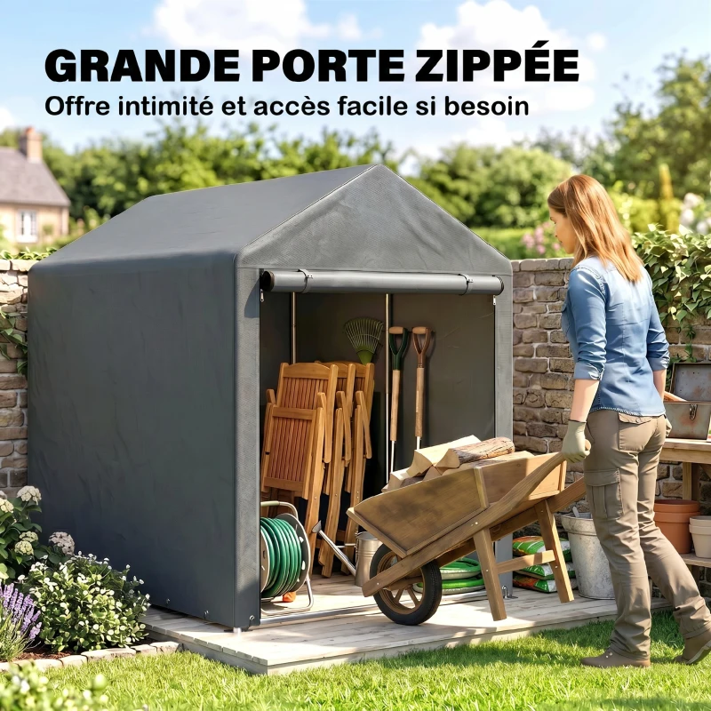 Outsunny Capanno Attrezzi anti UV con Ingresso a Zip, in Acciaio Zincato e Tessuto PE,120x179x165 cm, Grigio Scuro