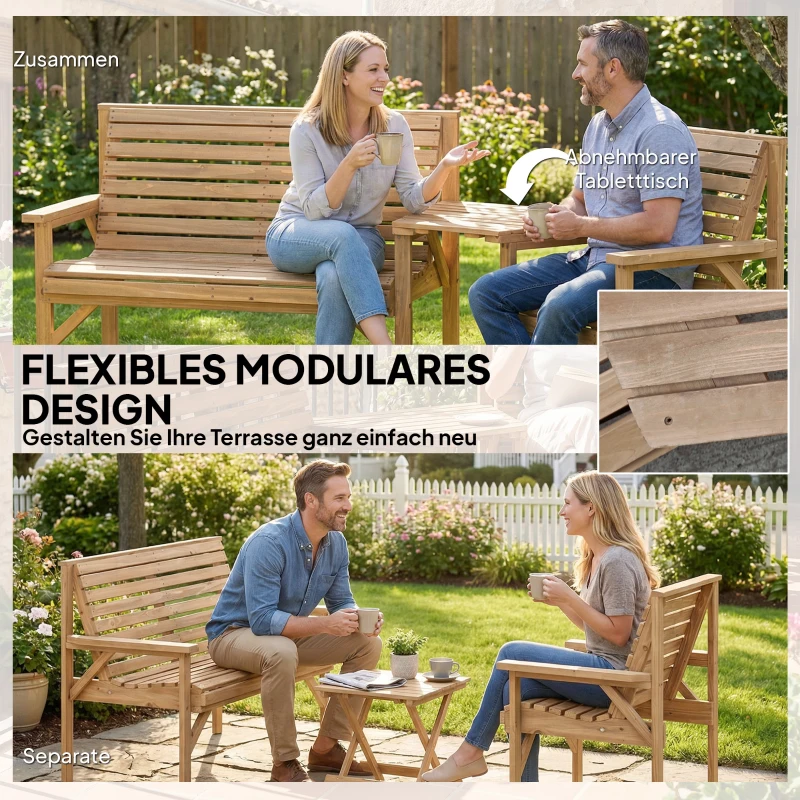 Outsunny Gartenstühle 3er-Set, Balkonmöbel Set mit Sonnenschirmloch, Gartenstuhl, Bank, abnehmbarem Tisch 121x65x90 cm Naturholz