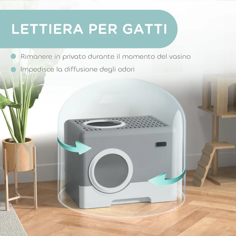 PawHut Lettiera per Gatti con Coperchio e Paletta, Doppio Ingresso e Vassoio Estraibile, 52x41x38.5 cm, Grigio