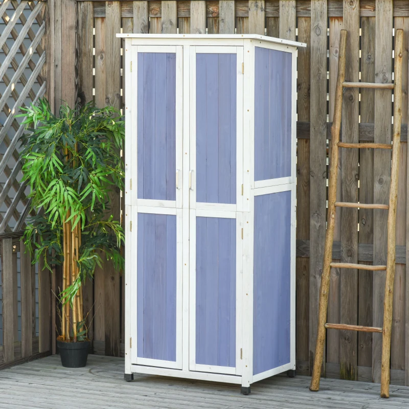 Outsunny Outdoor Garden Shed Wooden Garden Cabinet 3-Tier Double-door Storage Shed 2 Shelves Organizer with Handle Hooks Magnetic Latch Foot Pad 77 x 58 x 175cm Blue