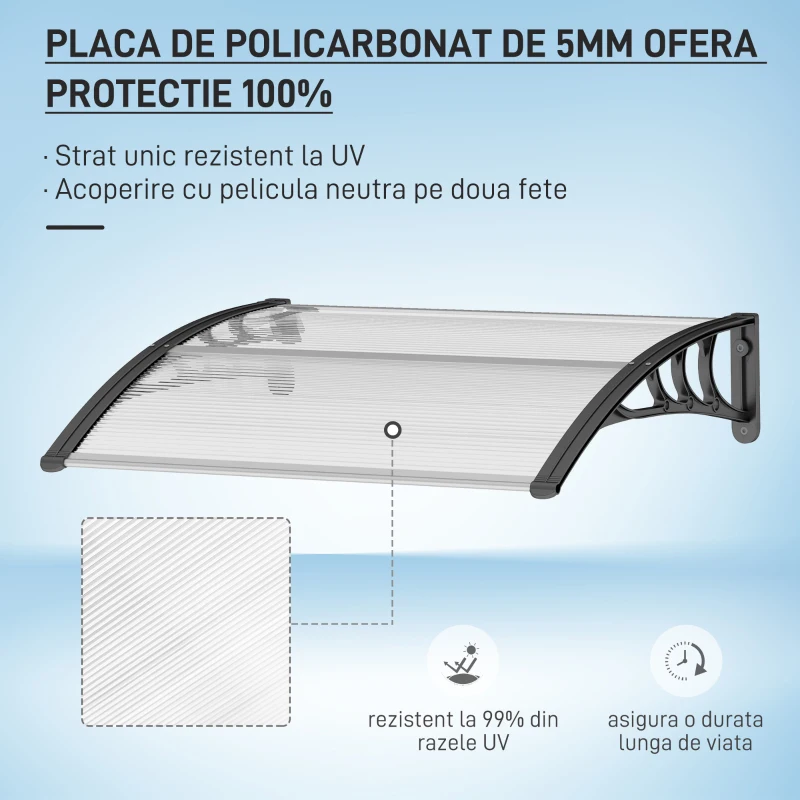 Outsunny Copertină de Exterior Impermeabilă și Anti-UV, din PC, PP și Aluminiu, 75x100x23 cm, Transparentă și Neagră