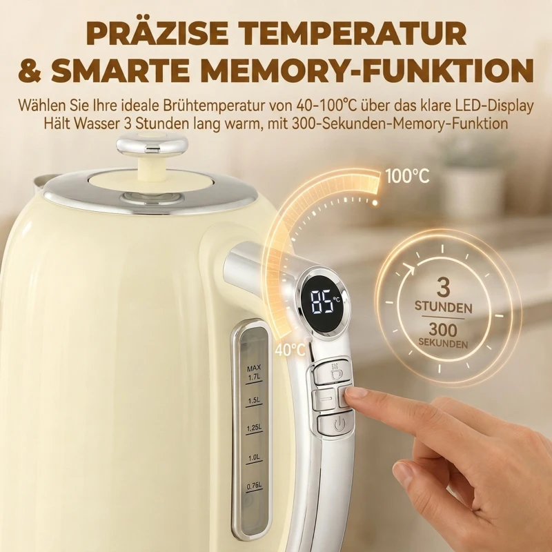 HOMCOM Waterkoker- en toasterset met LED-display, 1,7-l waterkoker met 3 uur warmhoudfunctie, Creme