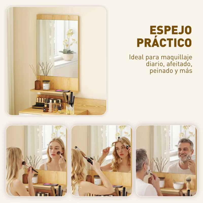 HOMCOM Conjunto de Recibidor de Entrada de Pared con Espejo y Almacenaje Espejo con Cajón y 2 Estantes Abiertos Madera Natural