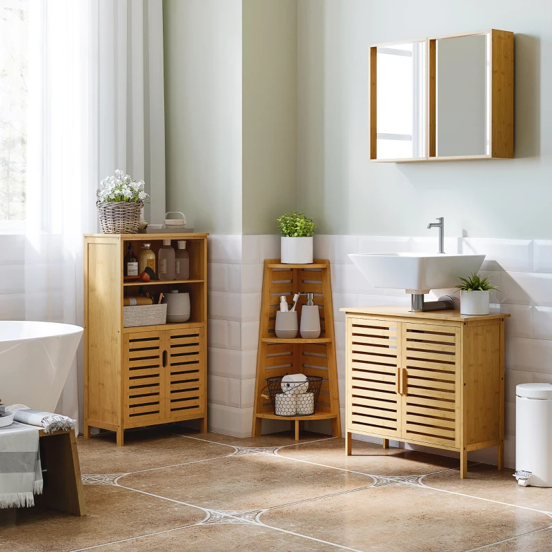 kleankin Armoire murale de salle de bain avec miroirs et 2 portes en bambou 65,2 x 14 x 50 cm