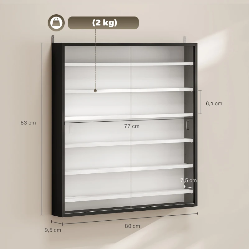 HOMCOM Vitrina de Pared de Madera con Estantes Ajustables y 2 Puertas Correderas de Cristal 80x9,5x83 cm Negro