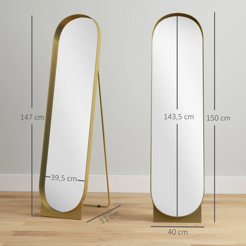 HOMCOM Specchio da Terra Moderno con Telaio in Metallo Autoportante o da Parete, 40x150 cm, Oro