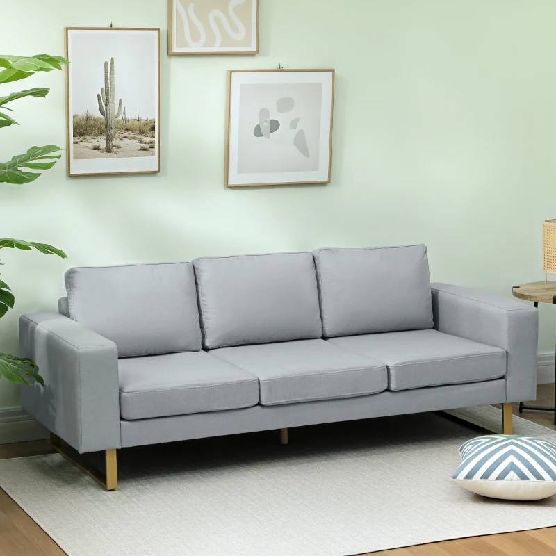 HOMCOM 3-Sitzer-Sofa, Couch mit Vollholzrahmen, Metallbeine, schlichtes Design, Hellgrau(m-10)