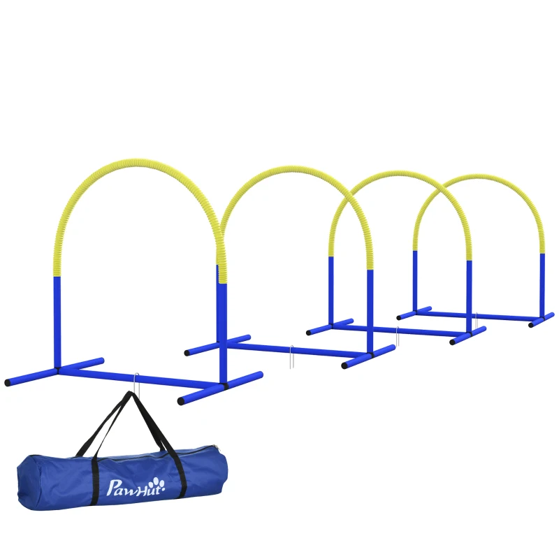 PawHut Set Agility pentru câini cu 4 arcade modulare și geantă de transport, 88x64x95 cm, Albastru și Galben
