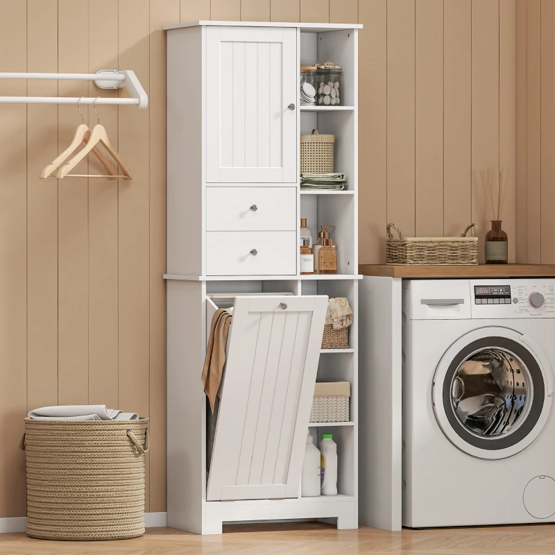HOMCOM Badezimmerschrank Schmaler Badschrank mit 6 offenen Fächern und Wäschekorb, 2 Schubladen und Soft-Close-Tür, Weiß