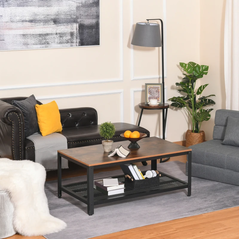 HOMCOM Mesa de Centro Mesa Baja Industrial con Estante de Rejilla y Patas de Metal para Salón 106x60x45 cm Marrón y Negro