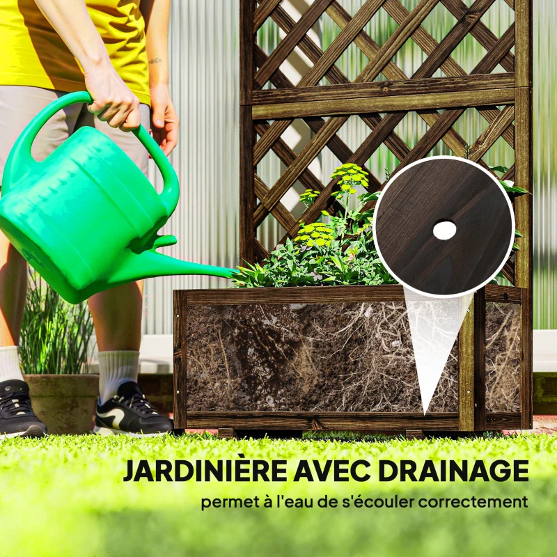 Outsunny Jardinière d'Extérieur avec Épaulière à Grille pour Plantes Grimpantes et Vase, Jardinière en Bois de Sapin Durable, 72,5 x 31,5 x 149,5 cm, Carbonisée
