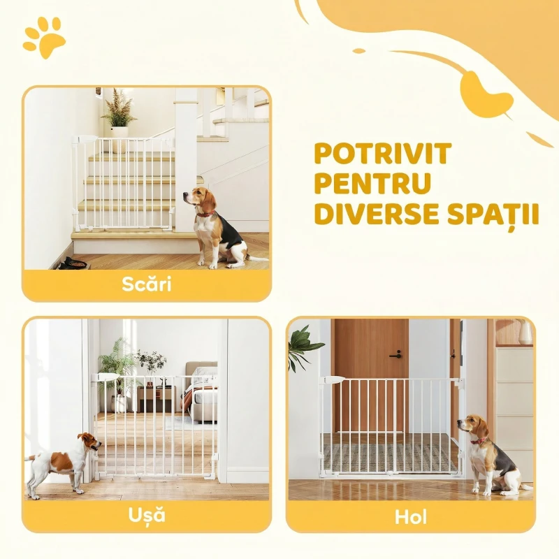 PawHut Poartă Animale 74,5-111,5 cm, Închidere Automată, Operabilă cu Mână, Montaj pe Perete, Alb