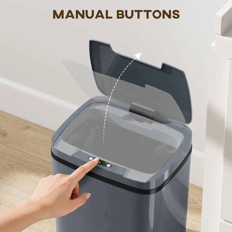 HOMCOM 15L Sensor Bin, Automatic Touchless Kitchen Bin, Easy Clean, Battery Operated for Home Office, Bedroom, Bathroom, Grey