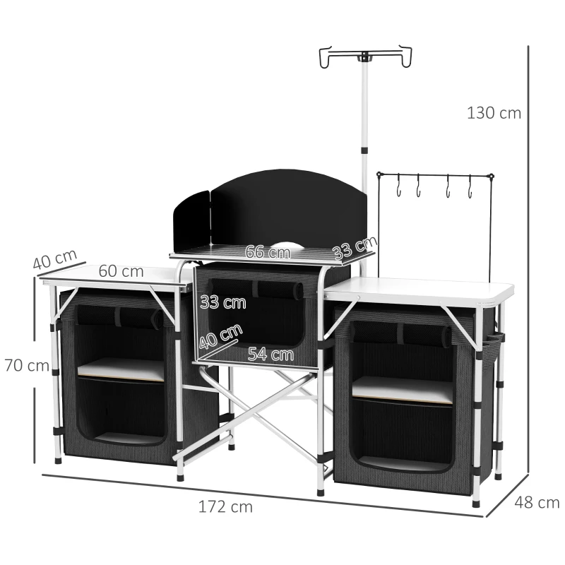 Outsunny Cucina da Campeggio Pieghevole a 3 Piani con 5 Ripiani Interni e 4 Ganci, 172x48x130 cm, Nero