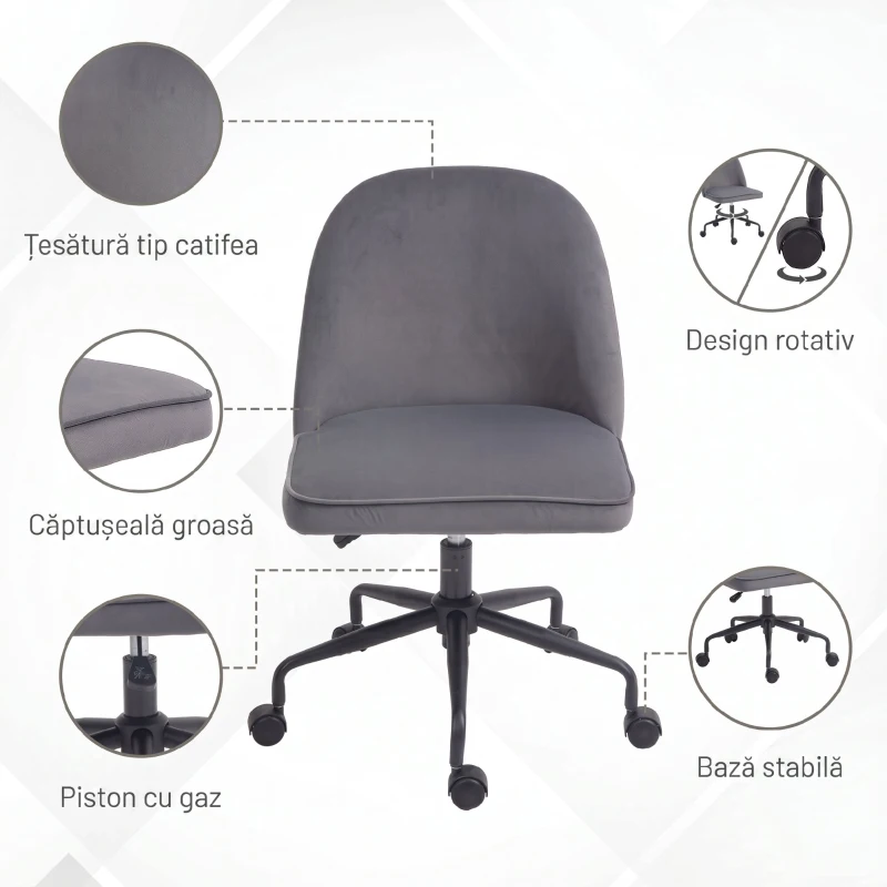 HOMCOM Scaun de birou reglabil pe înălțime cu funcție de balansare, tapițerie din material catifelat, gri
