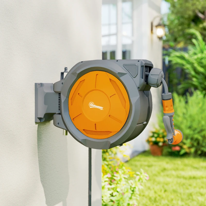 Outsunny Enrouleur Tuyau Arrosage Mural 30 m x Ø 15 mm Dévidoir Automatique de Tuyaux d'Eau Rétractable Automatique orange