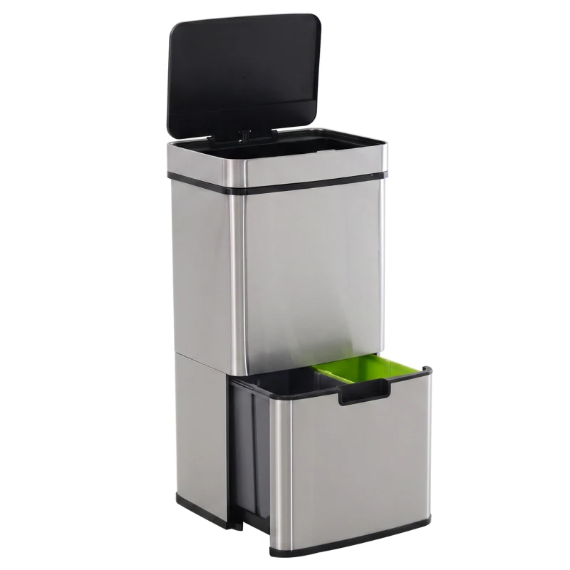 HOMCOM Mülleimer mit Sensor 47L + 2 x 12,5L Automatischer Abfalleimer mit Bewegungssensor, Wasserdichtes Mülltrennsystem aus Edelstahl für Küche Silber
