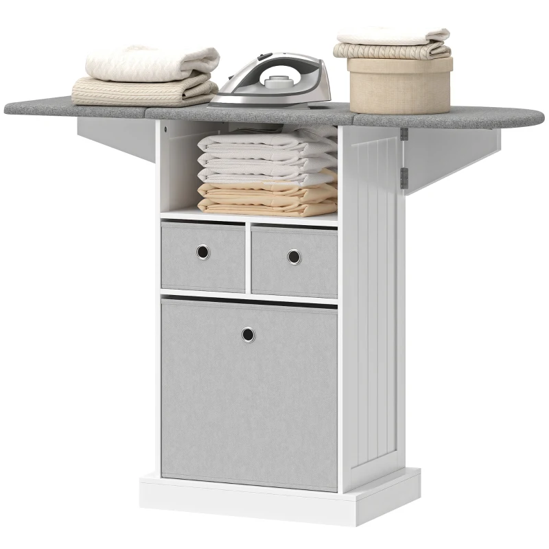 HOMCOM Mobilier pliabil pentru călcat pe roți, cu raft deschis și 3 sertare, 121x37x89,5 cm, alb și gri