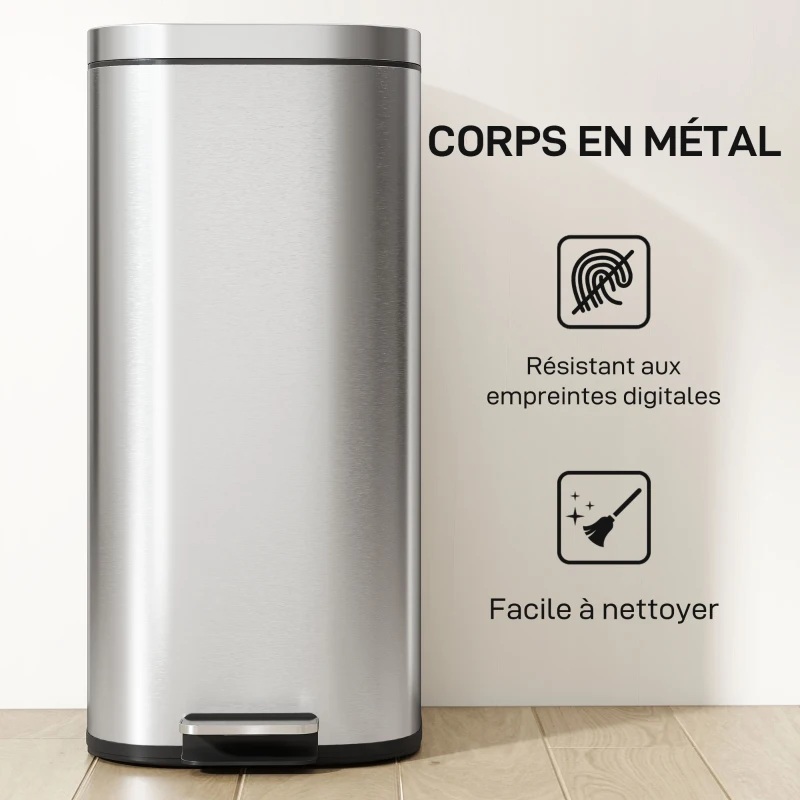 HOMCOM Poubelle cuisine 30L, poubelle à pédale avec seau intérieur amovible, couvercle à fermeture douce, 29x36x59,5cm, argent
