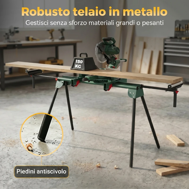 HOMCOM Supporto per Troncatrice con Bracci Regolabili, Gambe Pieghevoli, Altezza Regolabile, Capacità 150 kg, Verde