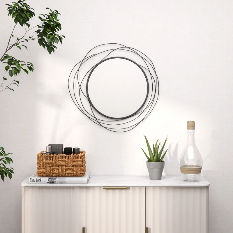 HOMCOM Espelho Redondo em Metal Aramado Preto Decoração Estilo Moderno Diâmetro Φ65 cm