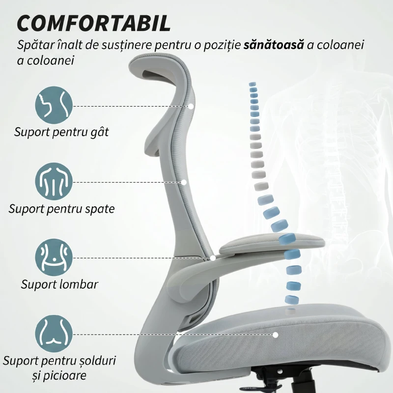 HOMCOM Scaun de Birou Ergonomic cu Brațe Reglabile, Spătar din Plasă și Tetieră, Gri