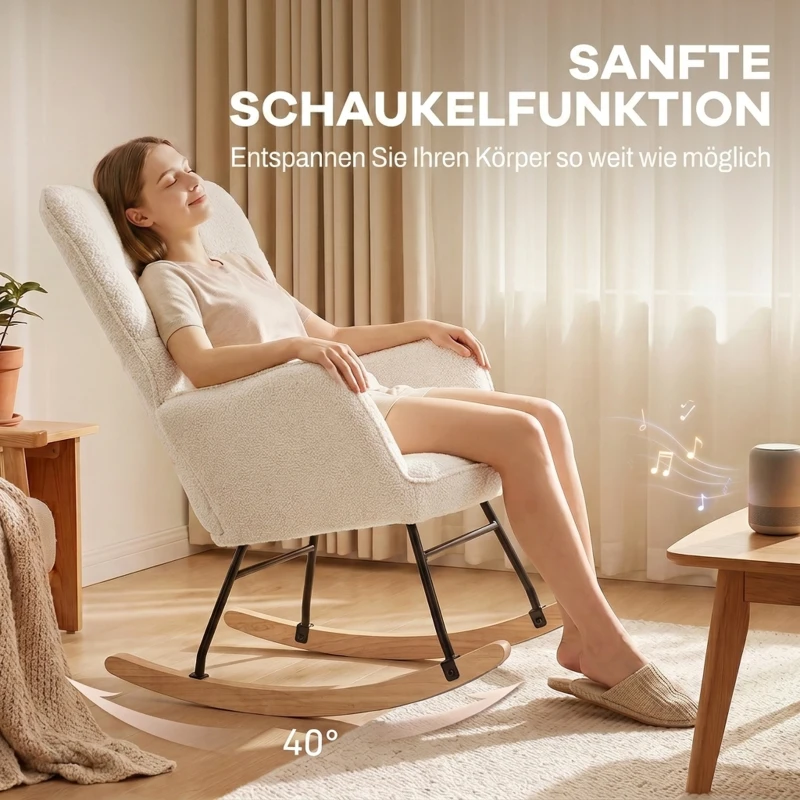 HOMCOM Schaukelstuhl im Retro-Design, Massivholz, Sessel, Relaxsessel, 98 cm x  71 cm x 101 cm, Beige(m-4)