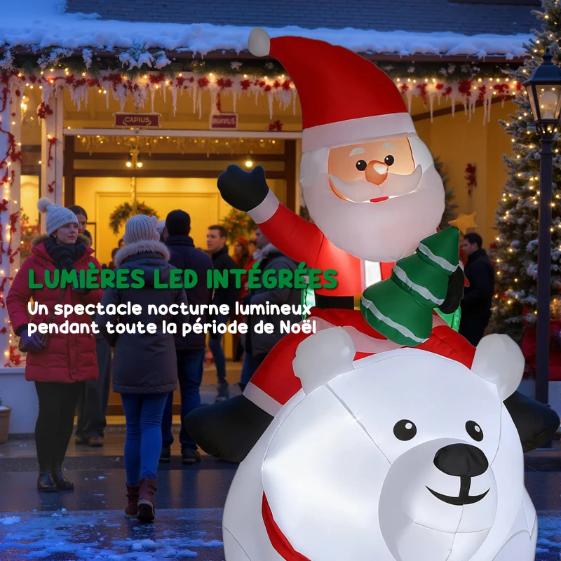 Outsunny Père Noël gonflable de Noël sur ours polaire 200 cm, 5 lumières LED, décoration de Noël intérieure et extérieure, blanc