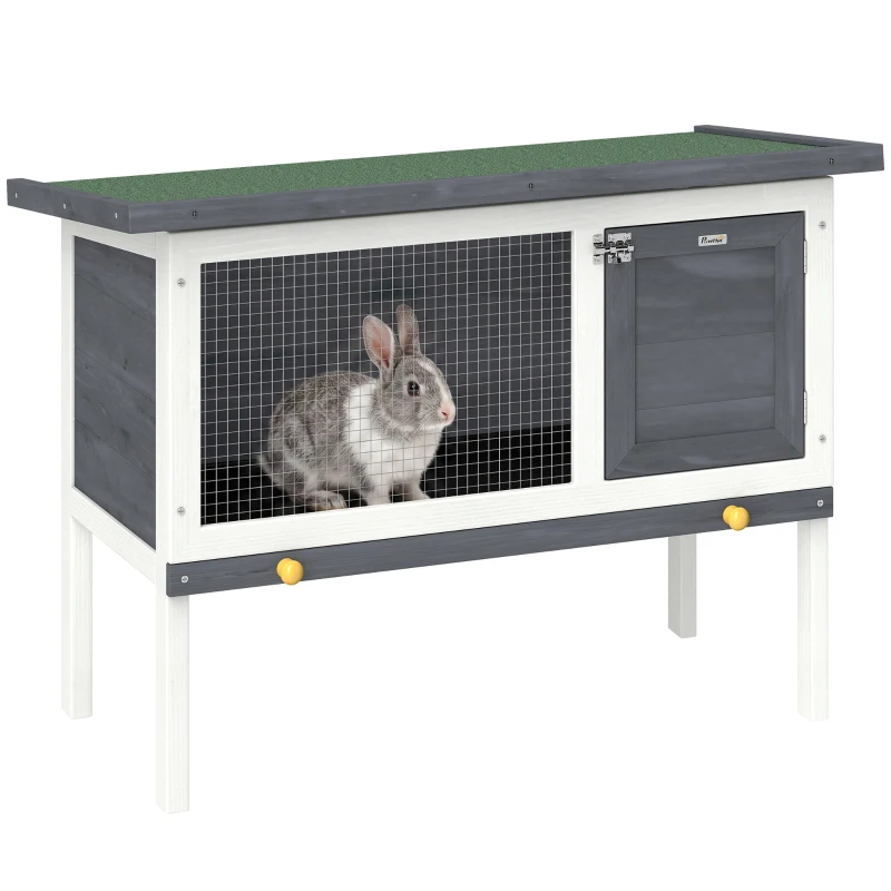 PawHut Clapier Lapin Extérieur en Bois, avec Toit Ouvrable en Asphalt et Plateau Coulissant, Design Surélevé, 90x45x65cm, Gris