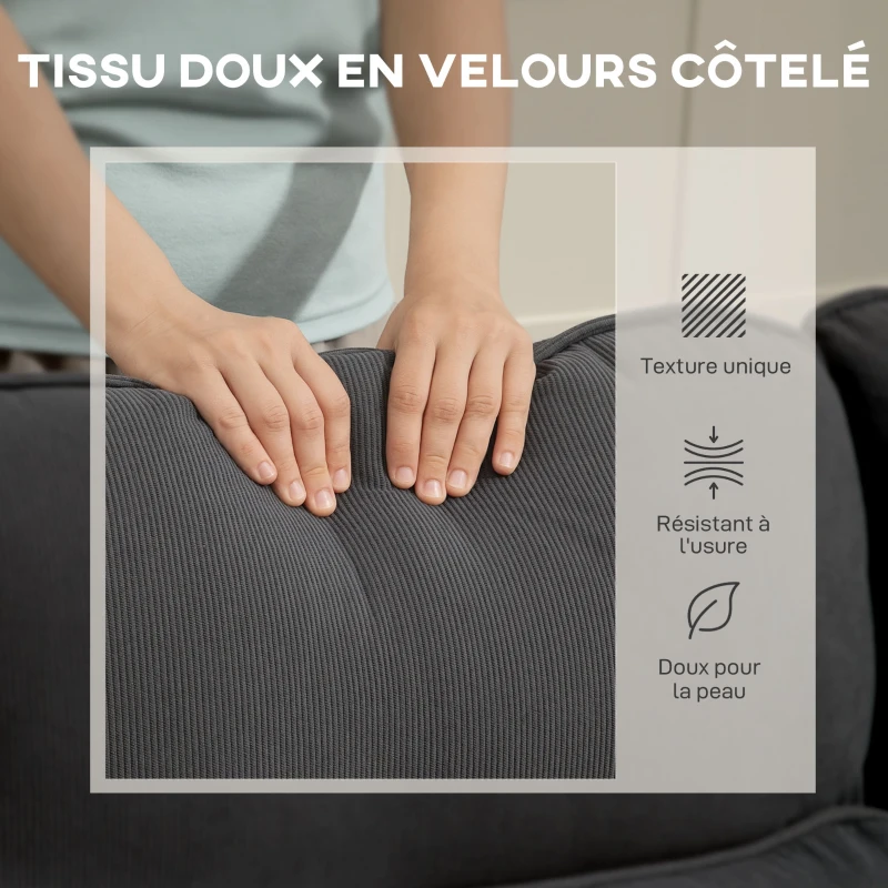 HOMCOM Canapé d'angle convertible en velours côtelé, canapé-lit 3 places avec rangement caché, coussins, 205x135x76cm, gris
