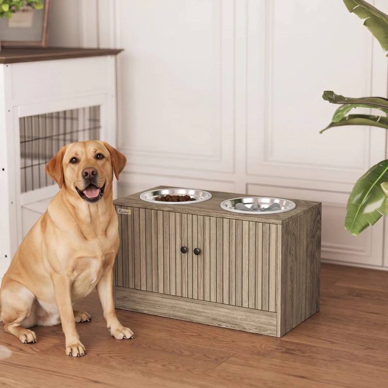 PawHut Hundefutterstation mit 2 Edelstahl-Näpfen, Schrank für Utensilien, für große Hunde, Zubehör, Braun