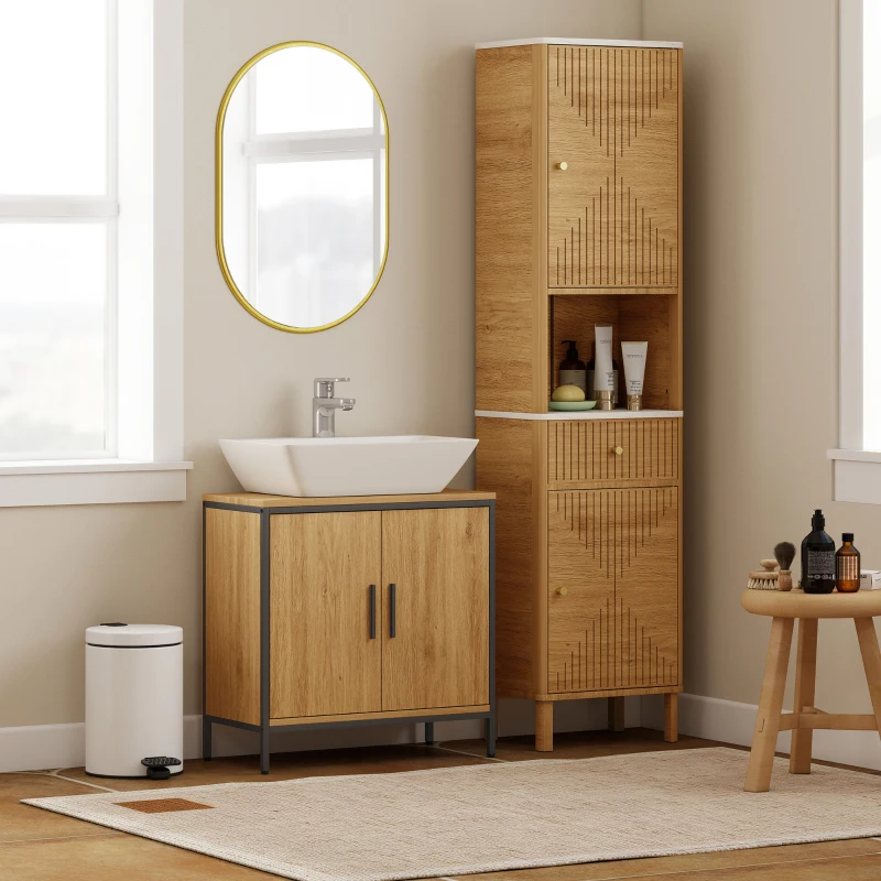 HOMCOM Waschbeckenunterschrank Badezimmer Unterschrank mit 2 Türen, einstellbarem Regal Badezimmerschrank mit Stahlrahmen, für Waschbecken ohne Sockel, Eiche, 60x30x60 cm