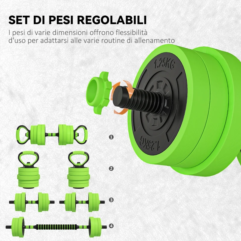 SPORTNOW Set Pesi da Palestra 4 in 1 da 20kg, Convertibile in Kettlebell, 2 Manubri, Bilanciere e Supporto Flessioni, Verde