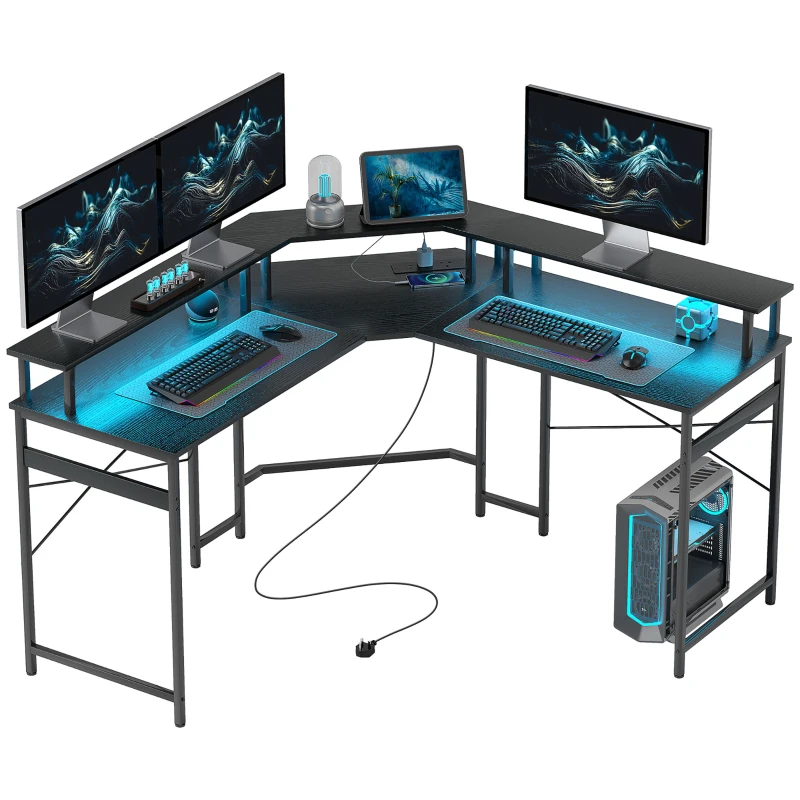 HOMCOM 'L' Shaped Work Desk, with LED Lights - Black