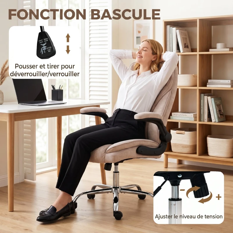 HOMCOM Fauteuil de bureau, chaise bureau ergonomique, hauteur réglable, accoudoirs relevables, 70 x 70 x 114-122 cm, rose