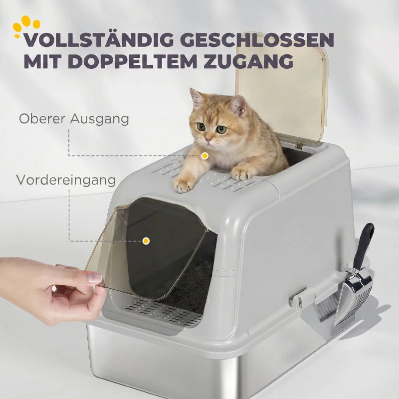 PawHut Katzenklo, Katzentoilette mit Deckel, Streuschaufel, vorne Eingang und ober Ausgang Edelstahl bis 8 kg