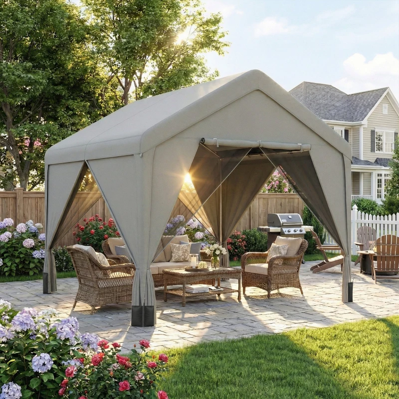 Outsunny Tonnelle de jardin pavillon de jardin hydrofuge structure robuste en acier galvanisé avec toit double pente 3x3m gris