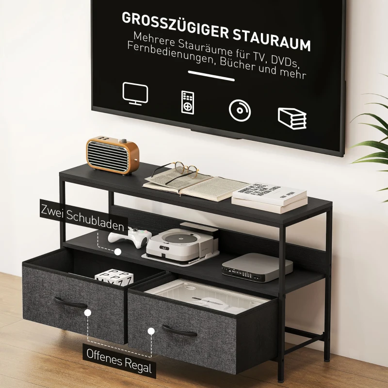 HOMCOM TV Schrank Lowboard mit 2 Schubladen, offenem Fach, für Fernseher bis 47 Zoll, 98 x 29 x 56 cm, Schwarz+Dunkelgrau