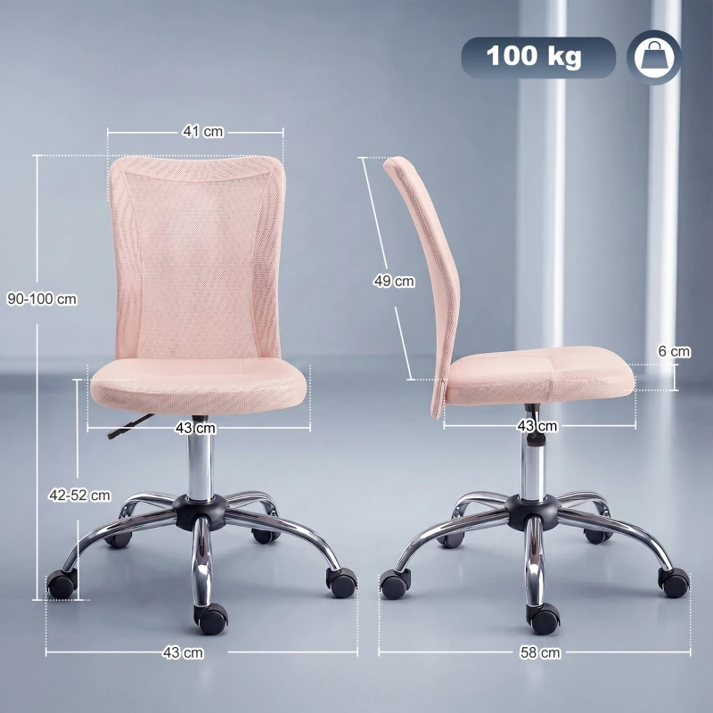 Vinsetto Scaun de Birou Ergonomic, Rotativ, fără Brațe, din Plasă Respirabilă, Înălțime Reglabilă, Roz
