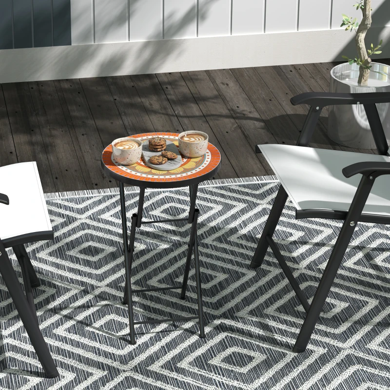 Outsunny Mosaic Outdoor Garden Table, 35.5cm Round Folding Coffee Table with Metal Frame for Balcony Terrace, Orange