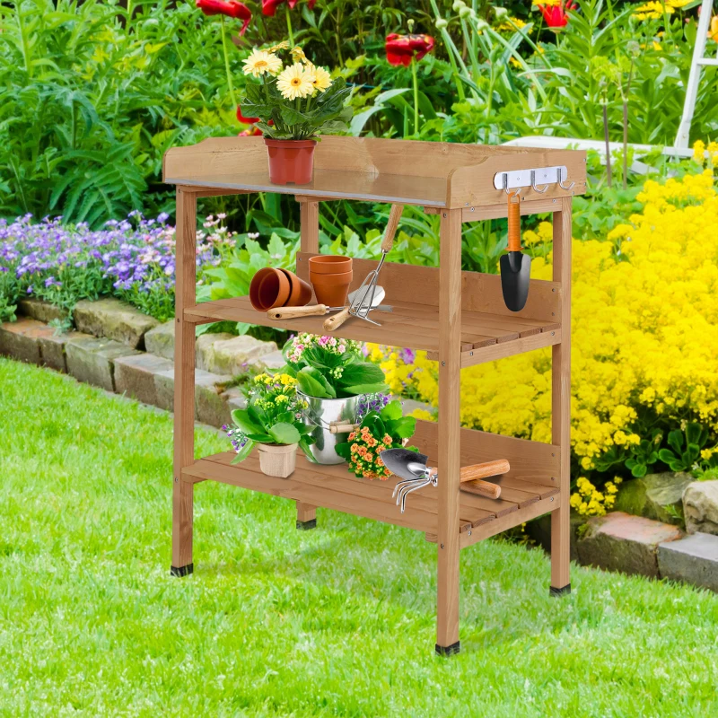 Outsunny Mesa de Jardinería de Madera con Superficie Metálica Estantes y Ganchos para Jardín Terraza 76x37x89 cm Natural