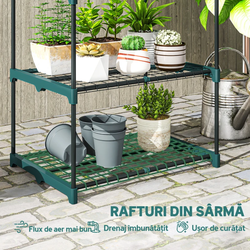 Outsunny Suport pentru Plante Vertical cu 5 Nivele din Oțel și Plastic, Suport Ghivece Interior și Exterior Grădină Balcon, 67x49x138 cm, Verde Închis