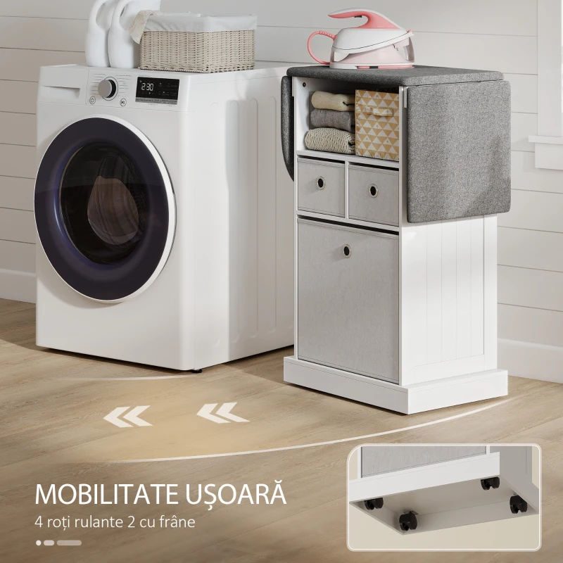HOMCOM Mobilier pliabil pentru călcat pe roți, cu raft deschis și 3 sertare, 121x37x89,5 cm, alb și gri