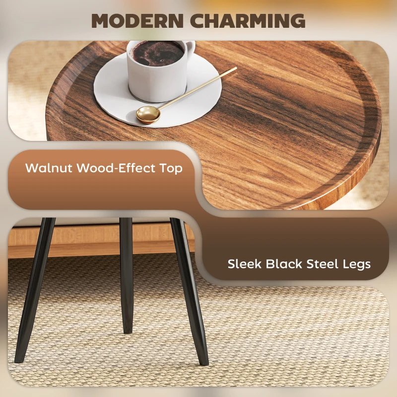 HOMCOM Modern Round Coffee Table with Steel Frame for Small Space, Sofa Beside, Living Room, Chestnut Wood Effect