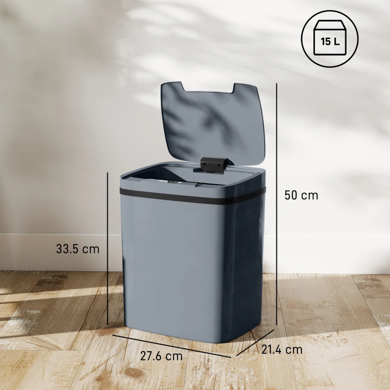 HOMCOM 15L Sensor Bin, Automatic Touchless Kitchen Bin, Easy Clean, Battery Operated for Home Office, Bedroom, Bathroom, Grey