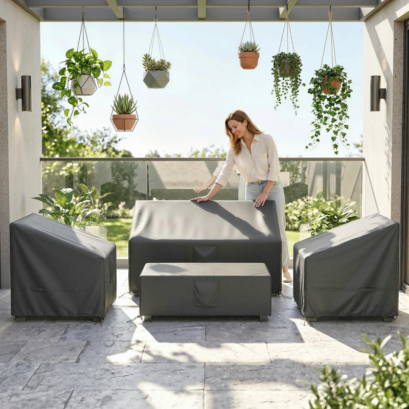 Outsunny Ensemble de 4 Housses Salon de Jardin Imperméables 420D Tissu Oxford, 6 Évents et Sac de Rangement, 142x80x77cm, Noir