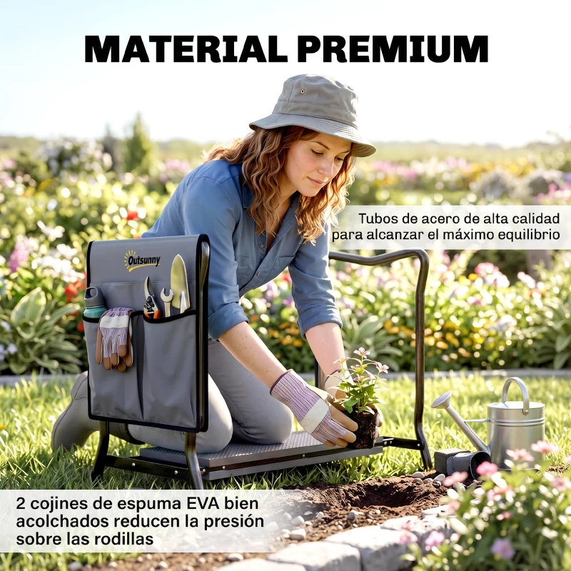 Outsunny Taburete de Jardín Plegable con Almohadilla de Espuma EVA Asiento de Jardín 2 en 1 con Bolsa para Herramientas